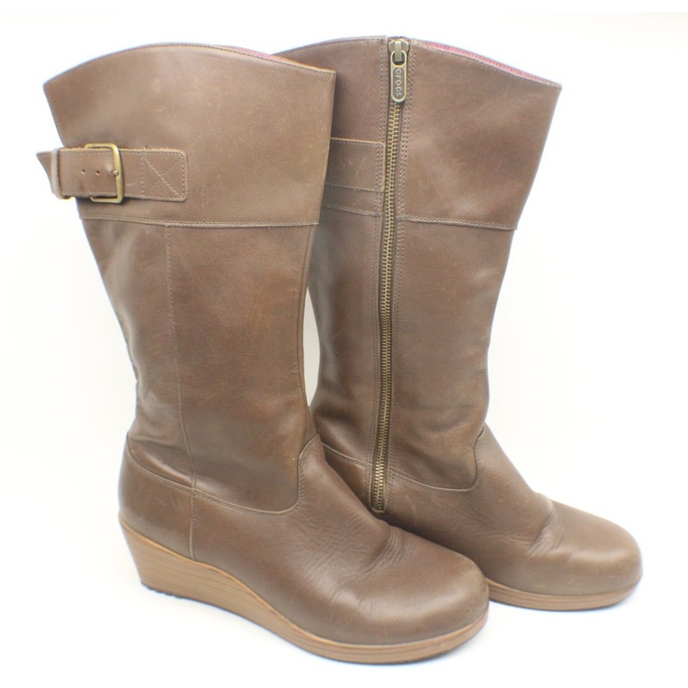 Crocs Boots Women's 10 Leigh Mid Calf 14783 Wedge Riding Side Zip Brown Leather